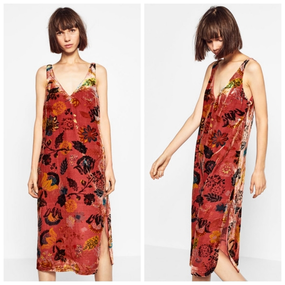 Zara Dresses Zara Velvet Floral Vneck Front Slit Midi Relaxed Slip